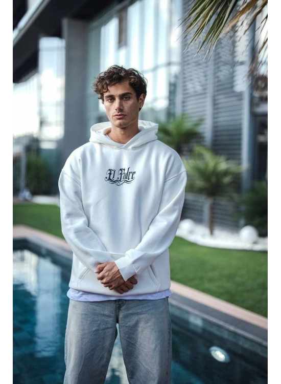 Erkek Kapüşonlu Kanguru Cepli Sweatshirt 3 İplik Pamuklu Baskılı Hoodie - Beyaz Erkek Kapüşonlu Kanguru Cepli Sweatshirt 3 İplik Pamuklu Baskılı Hoodie - Beyaz