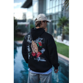 Erkek 3 İplik Pamuklu Kapüşonlu Baskılı Cepli Oversize Sweatshirt Hoodie - Siyah