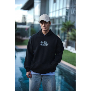 Erkek 3 İplik Pamuklu Kapüşonlu Baskılı Cepli Oversize Sweatshirt Hoodie - Siyah
