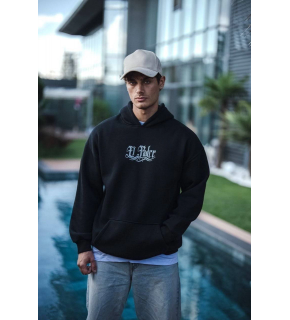 Erkek 3 İplik Pamuklu Kapüşonlu Baskılı Cepli Oversize Sweatshirt Hoodie - Siyah
