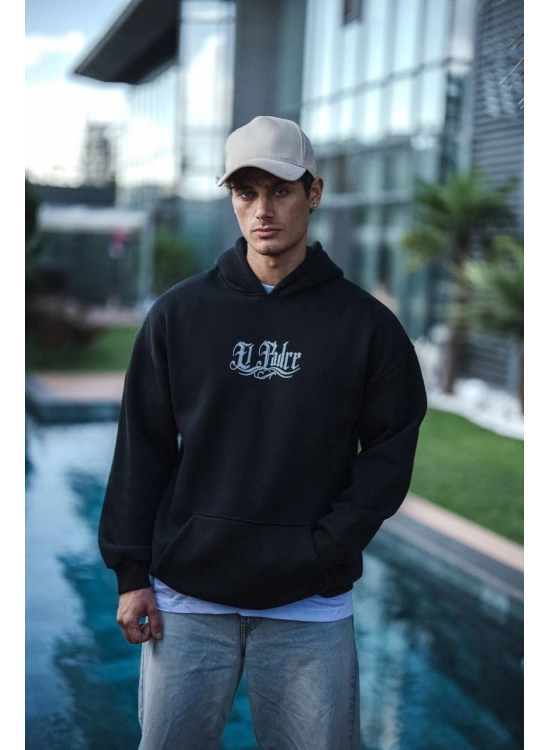 Erkek 3 İplik Pamuklu Kapüşonlu Baskılı Cepli Oversize Sweatshirt Hoodie - Siyah Erkek 3 İplik Pamuklu Kapüşonlu Baskılı Cepli Oversize Sweatshirt Hoodie - Siyah