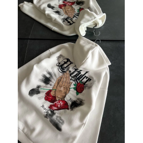 Kadın Oversize Kapüşonlu Cepli Baskılı 3 İplik Pamuklu Hoodie Sweatshirt - Beyaz