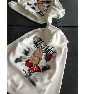 Kadın Oversize Kapüşonlu Cepli Baskılı 3 İplik Pamuklu Hoodie Sweatshirt - Beyaz