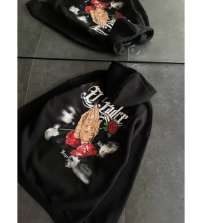 Kadın Oversize Kapüşonlu Cepli Baskılı 3 İplik Pamuklu Hoodie Sweatshirt - Siyah