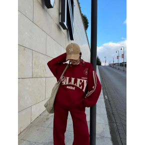 Kadın 3 İplik Pamuklu Yakalı Sweat Baggy Pantolonlu Takım - Bordo