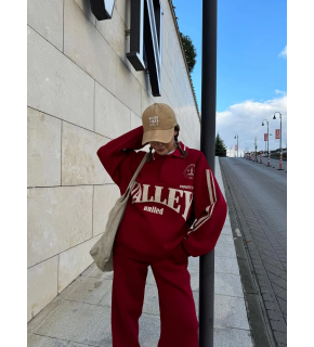 Kadın 3 İplik Pamuklu Yakalı Sweat Baggy Pantolonlu Takım - Bordo