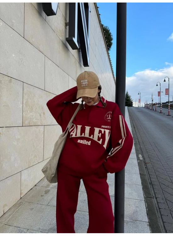 Kadın 3 İplik Pamuklu Yakalı Sweat Baggy Pantolonlu Takım - Bordo
