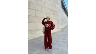 Kadın 3 İplik Pamuklu Yakalı Sweat Baggy Pantolonlu Takım - Bordo