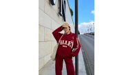 Kadın 3 İplik Pamuklu Yakalı Sweat Baggy Pantolonlu Takım - Bordo