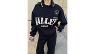 Kadın 3 İplik Pamuklu Yakalı Sweat Baggy Pantolonlu Alt-Üst Takım - Siyah