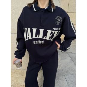 Kadın 3 İplik Pamuklu Yakalı Sweat Baggy Pantolonlu Alt-Üst Takım - Siyah