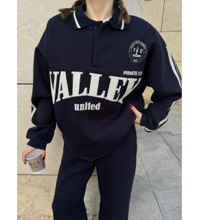 Kadın 3 İplik Pamuklu Yakalı Sweat Baggy Pantolonlu Alt-Üst Takım - Siyah