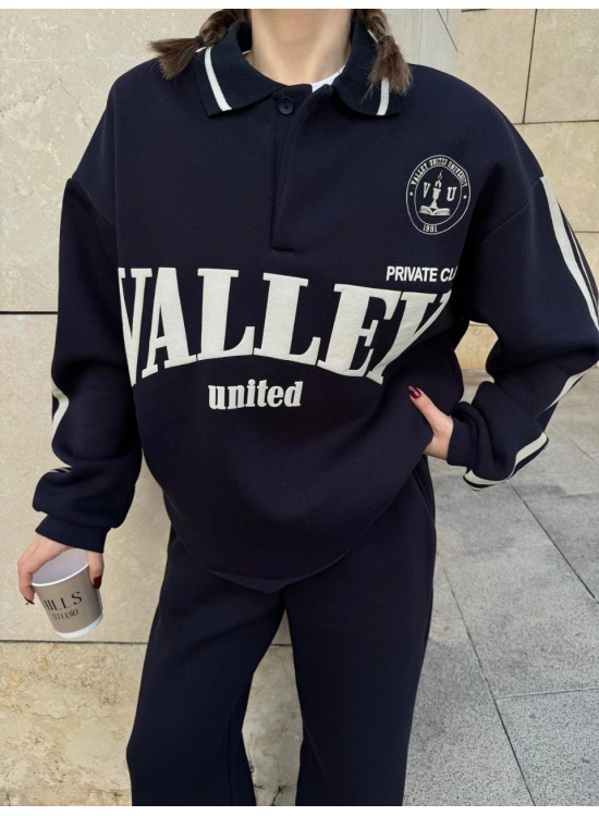 Kadın 3 İplik Pamuklu Yakalı Sweat Baggy Pantolonlu Alt-Üst Takım - Siyah