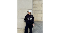 Kadın 3 İplik Pamuklu Yakalı Sweat Baggy Pantolonlu Alt-Üst Takım - Siyah