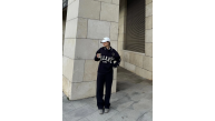 Kadın 3 İplik Pamuklu Yakalı Sweat Baggy Pantolonlu Alt-Üst Takım - Siyah