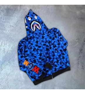 Erkek 2 İplik Bape Kapüşonu Fermuarlı Hırka - Mavi