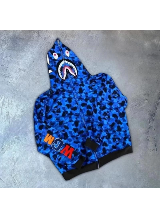 Erkek 2 İplik Bape Kapüşonu Fermuarlı Hırka - Mavi