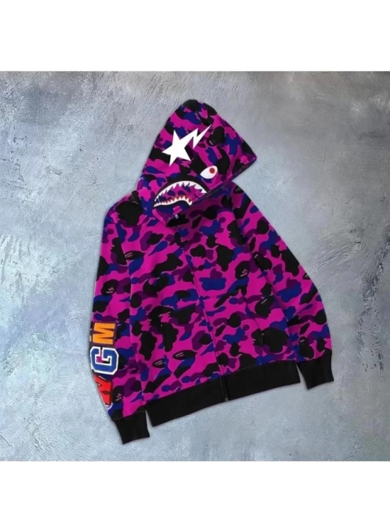 Erkek 2 İplik Bape Kapüşonu Fermuarlı Hırka - Mor