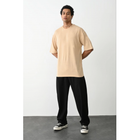 Erkek Tişört Düz Basic Penye Yazlık Bisiklet Yaka Kısa Kol T-Shirt - Bej
