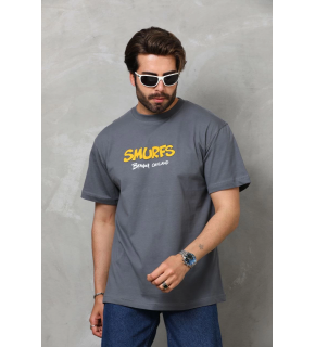 Erkek Kısa Kol Yazlık Tişört Bisiklet Yaka Baskılı Oversize T-Shirt - Füme
