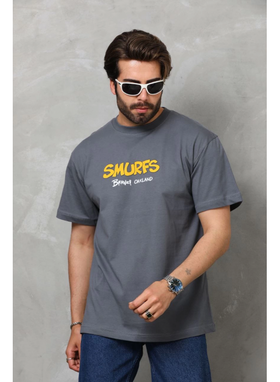 Erkek Kısa Kol Yazlık Tişört Bisiklet Yaka Baskılı Oversize T-Shirt - Füme Erkek Kısa Kol Yazlık Tişört Bisiklet Yaka Baskılı Oversize T-Shirt - Füme