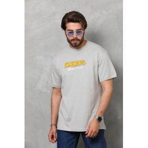 Erkek Kısa Kol Yazlık Tişört Bisiklet Yaka Baskılı Oversize T-Shirt - Gri