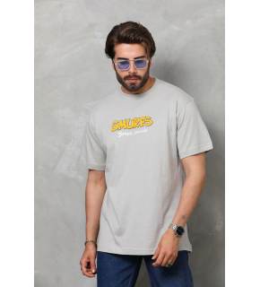 Erkek Kısa Kol Yazlık Tişört Bisiklet Yaka Baskılı Oversize T-Shirt - Gri