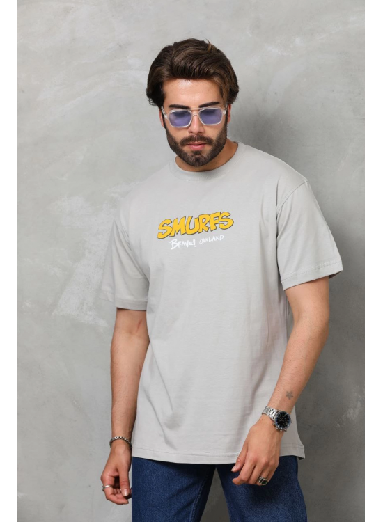 Erkek Kısa Kol Yazlık Tişört Bisiklet Yaka Baskılı Oversize T-Shirt - Gri Erkek Kısa Kol Yazlık Tişört Bisiklet Yaka Baskılı Oversize T-Shirt - Gri
