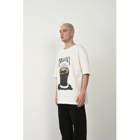 Erkek Baskılı T-Shirt Kısa Kol Bisiklet Yaka Rahat Kalıp Tişört - Beyaz