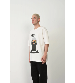 Erkek Baskılı T-Shirt Kısa Kol Bisiklet Yaka Rahat Kalıp Tişört - Beyaz