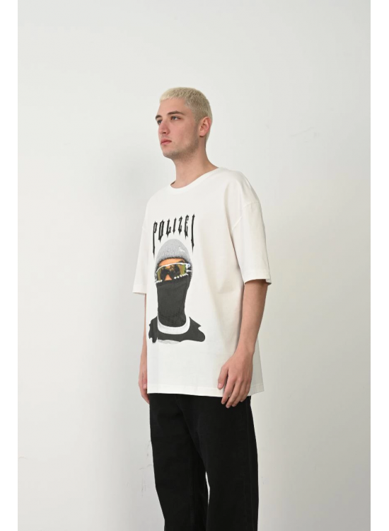Erkek Baskılı T-Shirt Kısa Kol Bisiklet Yaka Rahat Kalıp Tişört - Beyaz