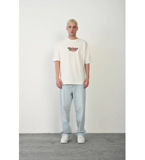 Erkek Baskılı T-Shirt Kısa Kol Bisiklet Yaka Rahat Kalıp Tişört  - Beyaz