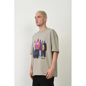 Erkek Baskılı T-Shirt Kısa Kol Bisiklet Yaka Rahat Kalıp Tişört - Boyalı Gri