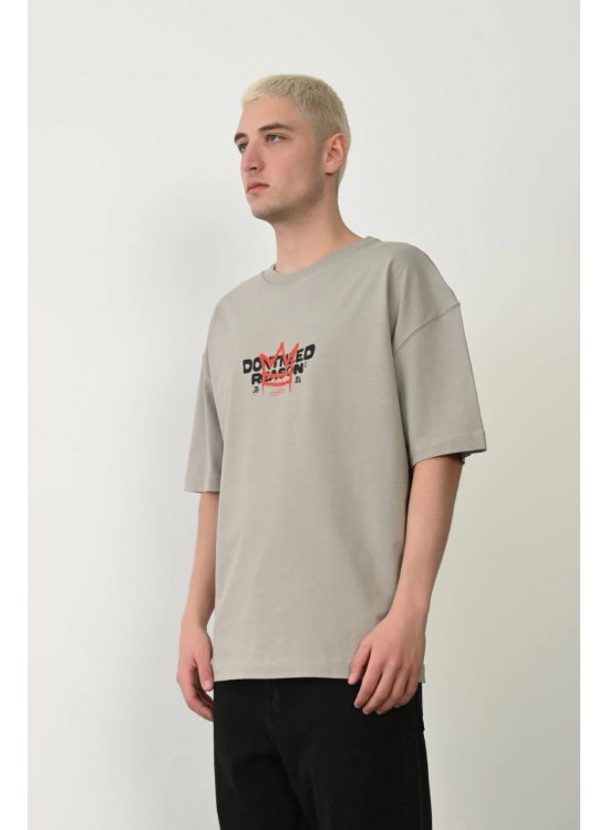 Erkek Baskılı T-Shirt Kısa Kol Bisiklet Yaka Rahat Kalıp Tişört  - Boyalı Gri