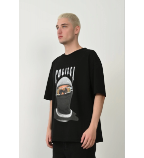 Erkek Baskılı T-Shirt Kısa Kol Bisiklet Yaka Rahat Kalıp Tişört - Siyah
