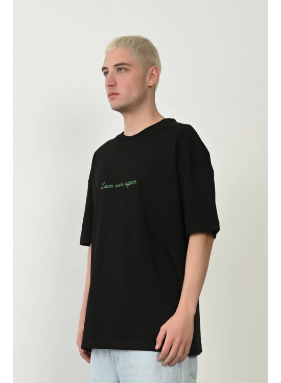Erkek Baskılı T-Shirt Kısa Kol Bisiklet Yaka Rahat Kalıp Tişört  - Siyah