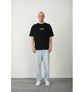 Erkek Baskılı T-Shirt Kısa Kol Bisiklet Yaka Rahat Kalıp Tişört - Siyah