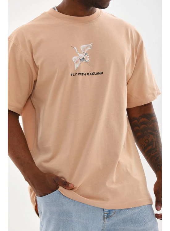 Erkek Baskılı T-Shirt Kısa Kol Bisiklet Yaka Rahat Kalıp Tişört - Bej