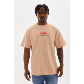 Erkek Baskılı T-Shirt Kısa Kol Bisiklet Yaka Rahat Kalıp Tişört  - Bej