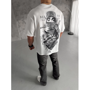 Erkek Kısa Kol Tişört Bisiklet Yaka Filistin Poşulu Baskılı T-Shirt - Beyaz
