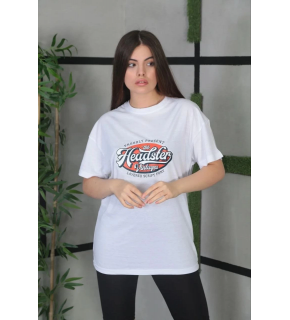 Kadın Kısa Kol Yazlık Tişört Bisiklet Yaka Baskılı Oversize T-Shirt - Beyaz
