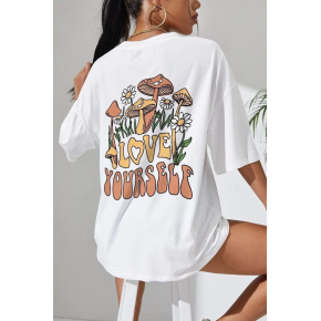 Kadın Baskılı Oversize kısa kol T-Shirt - Beyaz