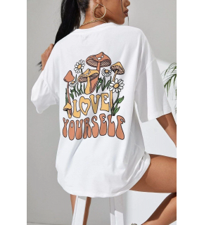 Kadın Baskılı Oversize kısa kol T-Shirt - Beyaz