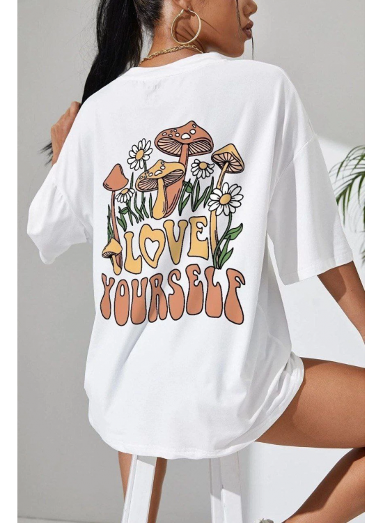 Kadın Baskılı Oversize kısa kol T-Shirt - Beyaz Kadın Baskılı Oversize kısa kol T-Shirt - Beyaz
