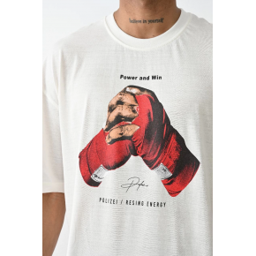 Erkek Box Eldiven Baskılı T-Shirt Kısa Kol Bisiklet Yaka Tişört - Beyaz