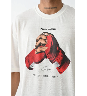 Erkek Box Eldiven Baskılı T-Shirt Kısa Kol Bisiklet Yaka Tişört - Beyaz