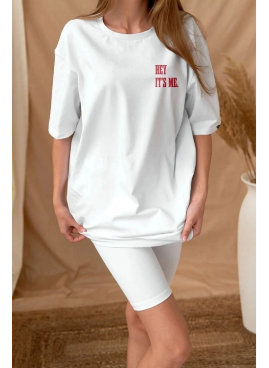 Kadın Baskılı T-Shirt Kısa Kol Bisiklet Yaka Oversize Rahat Kalıp Tişört - Beyaz Kadın Baskılı T-Shirt Kısa Kol Bisiklet Yaka Oversize Rahat Kalıp Tişört - Beyaz