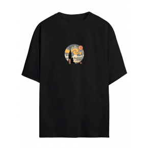 Kadın Baskılı T-Shirt Kısa Kol Bisiklet Yaka Oversize Rahat Kalıp Tişört - Siyah