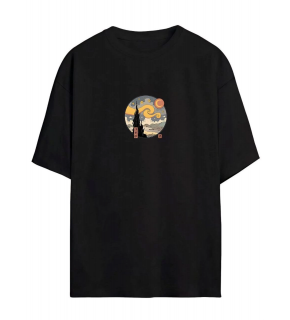 Kadın Baskılı T-Shirt Kısa Kol Bisiklet Yaka Oversize Rahat Kalıp Tişört - Siyah