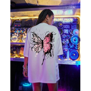 Kadın Kısa Kol Yazlık Tişört Bisiklet Yaka Kelebek Baskılı T-Shirt - Beyaz